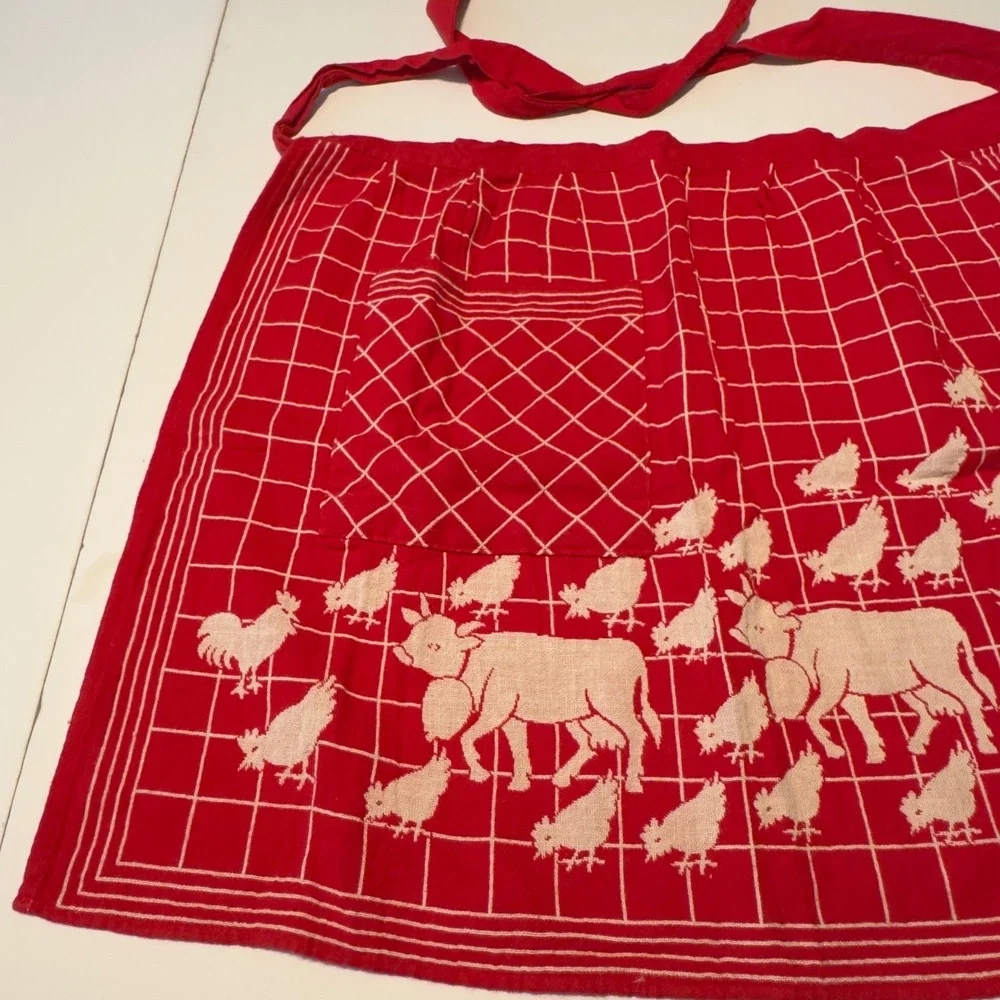Vintage Tiroler Webkunst Red Farm Animal Cotton Half Apron Made in Austria
